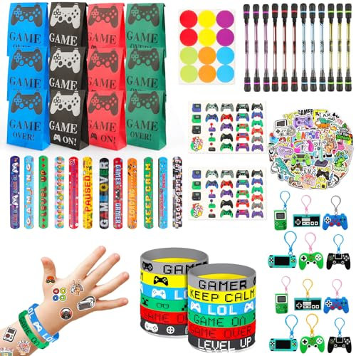 112 Stück Mitgebsel Kindergeburtstag Spiel Partyzubehör, Spiel Partyzubehör Gastgeschenke, Spiel Schlüsselanhänger, Silicone Wristbands, Tattoos, Partytüten, Schnapparmband, Aufkleber, Spin-Stift