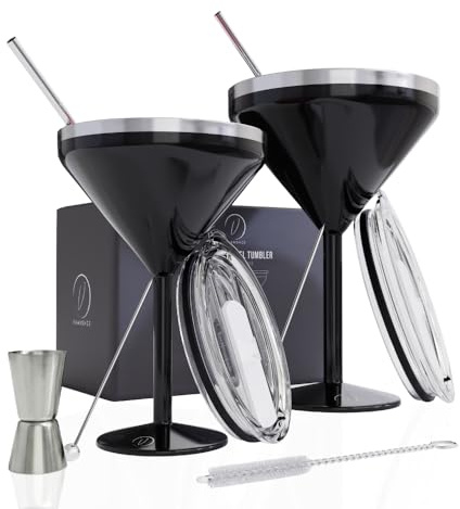 vaanshie Insulated Martini Glass Set of 2 – 8 oz Stainless Steel Unbreakable Cocktail Glasses, Stemless Double Wall Martini Cups with Straws & Picks, Cute Black – Mother’s Day Gift for Mom, Women