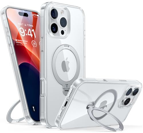 TORRAS 360° Spin Magnetic Stand for iPhone 16 Pro Case, Compatible with Magsafe,12FT Military Grade Shockproof, Slim Protective for iPhone 16 Pro Case, Diamond Clear