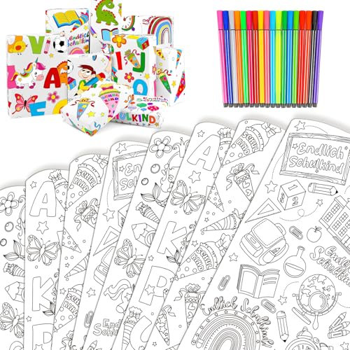 DPKOW Ausmal Geschenkpapier Einschulung, 8 Schulanfang Geschenkpapier Kinder 2025 Schulkind Geschenkverpackung Schuleinführung Geschenkpapier Bögen 70x50cm, Deko Schulkind Bastelset mit Buntstiften
