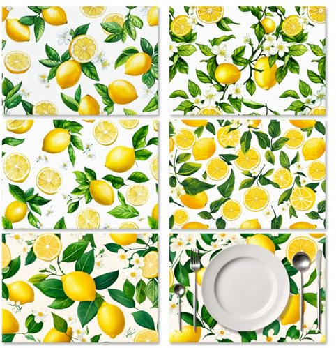 ORIGACH Tischsets Abwaschbar (6er Set) 43 x 30cm, Hitzebeständig Platzsets Abwischbar Platzsets Abgrifffeste Tischsets für Küche Speisetisch, Fresh Lemon