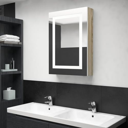 Sufrk - Armario de baño con espejo LED, color blanco y roble, 50 x 13 x 70 cm, lavabo, mueble de baño