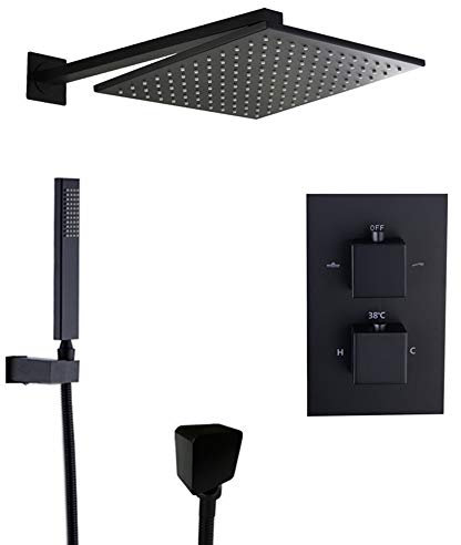 Sistema de ducha termostático negro con agua fría y caliente Grifo de ducha de latón montado en la pared Juego combinado de ducha multifunción con manija lisa con cabezal de ducha cuadrado, ducha