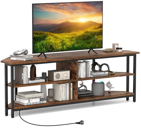 GIANTEX Mueble de TV para Televisor de hasta 65 Pulgadas, Soporte de TV con 4 Compartimentos Abiertos y Toma de Corriente, 140 x 39 x 48 cm, Mueble TV de Ángulo para Salón, Dormitorio (Marrón)