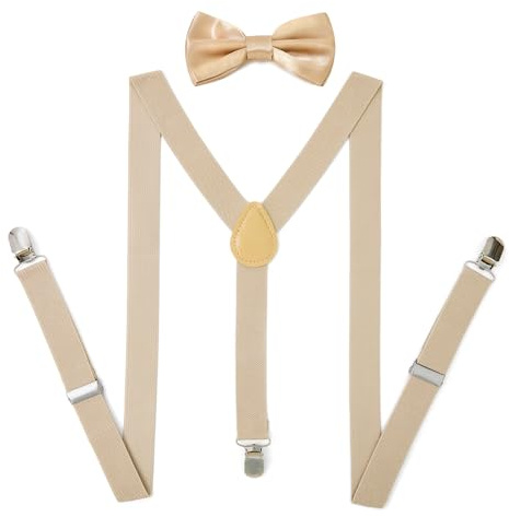 PONCEAU 2 Set Hosenträger und Fliege für Herren und Damen,2.5 cm breiter Hosenträger Herren in Y-Form Elastisch und Verstellbar mit Farblich Passender Fliege 12 x 7 cm