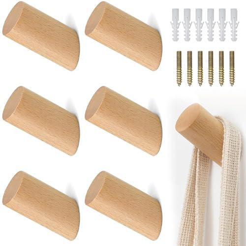 SXCCNW Holz Haken, 6 Stück, Buchenholz, 100% Holz, Kleiderhaken, Garderobenhaken, Holzhaken, Haken, 8 x 3 cm, Wandmontage, Rustikal, Natürlich, für Kleidungsstücke, Accessoires, Kleinobjekte