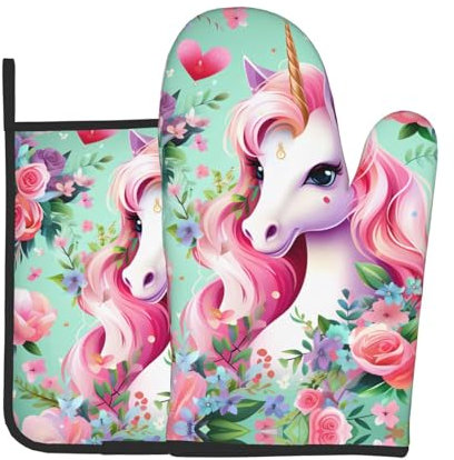 WZYWHJ Einhorn-Bild-Ofenhandschuhe und Topflappen-Set zum Kochen, Mikrowelle, Grillen, mit Schlüsselband-Design