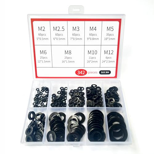 Penny washers, black stainless steel 342 pcs,spacers set,flat washers for bolts/screws,assorted tap washers,o ring metal washer set for repair M2, M2.5, M3, M4, M5, M6, M8, M10, M12