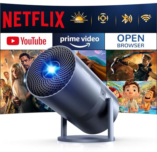 [Netflix Officially/800 ANSI/] Mini projecteur avec WiFi et Bluetooth – 1080p 4K Support Projecteur d'extérieur portable, projecteur intelligent YOWHICK 270° pour soirée cinéma/plafond/home cinéma