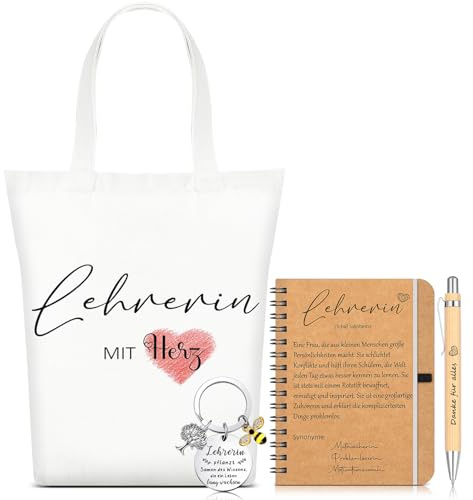 Sinmoe 4er Set Lehrerin Geschenke Abschiedsgeschenke für Lehrerin, Herz | Spirale Notizblock, Holz Kugelschreiber, Tasche, Schlüsselanhänger, Danke Geschenke für Erzieherin Grundschule Kindergarten