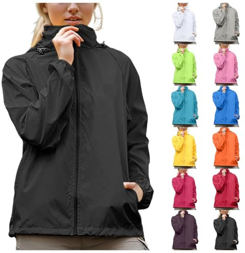 Coupe Vent Femme Impermeable Veste De Pluie Avec Capuche LéGèRe SéChage Rapide Couleur Unie Veste Sport Femme Avec Fermeture éClair Fine Respirant Veste D'ExtéRieur Pour Les Voyages Et Le