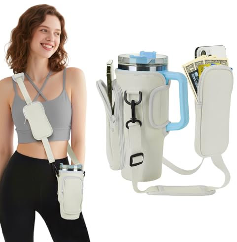 PAMASE Double Pockets Water Bottle Carrier fits Stanley Cup 30oz - Cooler Crossbody Tumbler Water Bottle Holder Bag with Strap, for Stanley Cup Accessories Girl Women Gift Walking Travel, White