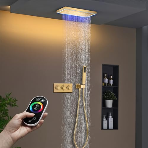 Colonne de Douche Encastrée, Ensemble de Douche Encastré LED 64 Couleurs 400x200mm Pomme de Douche avec Douchette, Pose Au Plafond, Corps en Laiton (Or Brossé)