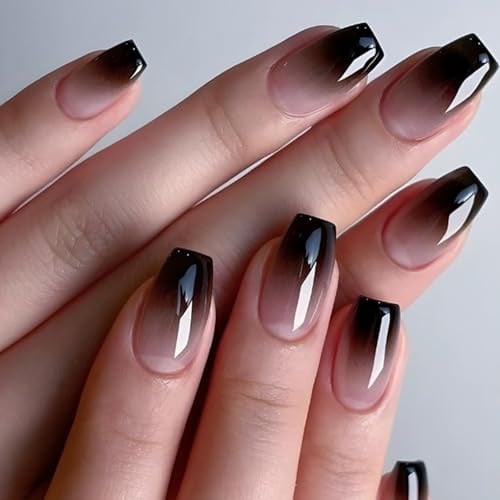 Viugex 24 chiodi da incollare, rettangolari, corti, colore nero, sfumato, French Press on Nails, riutilizzabili naturali unghie artificiali, ballerina in acrilico, copertura completa per unghie finte