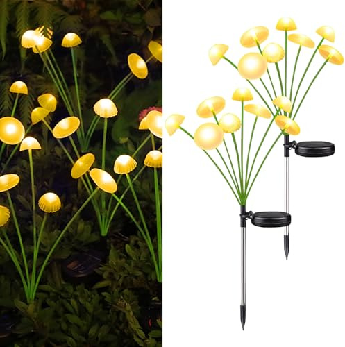 JIMACRO 2 Stück Solar Betriebene Pilz Bodenspieß Leuchte, 2 Modi Solar Gartenlichte, Schwingende Solarleuchten, Solar Blumenlichter für Außenbereich Balkon Terrasse Blumenkästen Hof