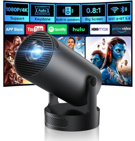 Philoent Mini Beamer 4K/1080P Unterstützt Neueste Apps | 4K/1080P Unterstützt, WiFi 6 Bluetooth 5.4, Auto Screen Trapezkorrektur Niedriges Rauschen - Schwarz