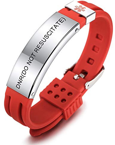 MOWOM Medical SOS Notfall Armband Personalisiertes Gravur Silikon Edelstahl Namensarmband Männer Damen Jungen Mädchen - Bündel mit Notfallkarte, Kartenhülle (Rot DNR(Do Not Resuscitate))