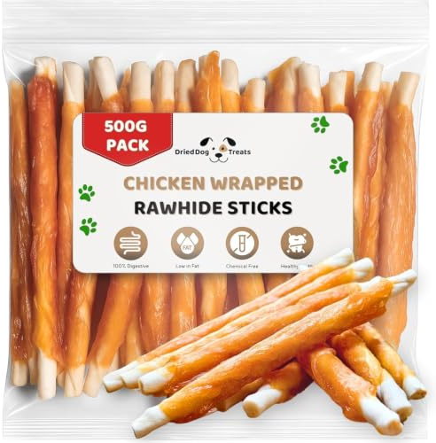 DriedDogTreats Natural Dog Chews Chicken Rawhide Chews 500g | Soft Rawhide Dog Chew, Chewy Chicken Twists - High Protein Low Fat Sticks for Puppies & All Breeds