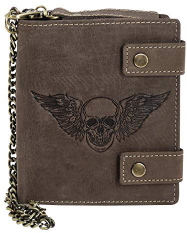 Harrys-Collection Geldbörse aus hochwertigem Vintage Leder + RFID mit Kette! Totenkopf, Farben:Dunkelbraun