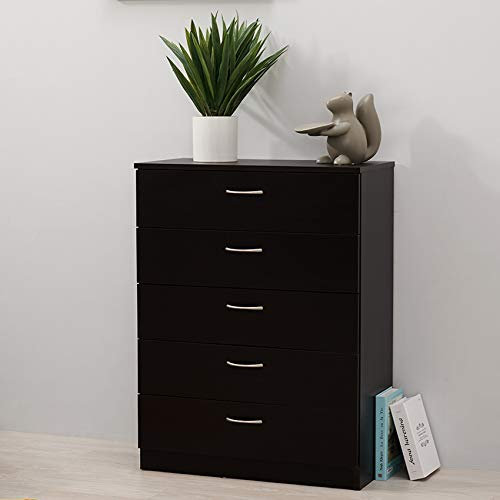 3/4/5 Drawer Cabinet, Chest of Drawers With Metal Handles and Runners Unique Anti-Bowing Drawer Support Bedroom Storage Furniture (Black, 5 Drawer)
