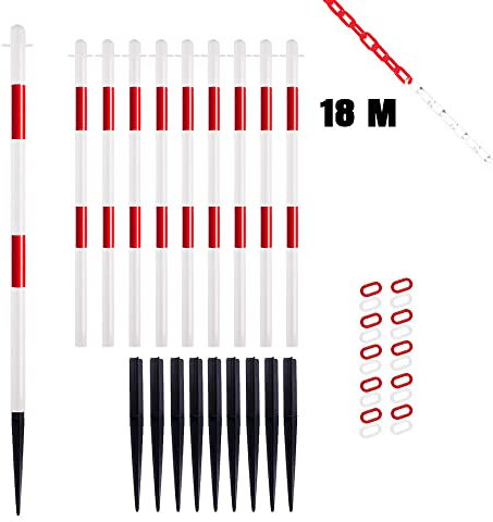 TMS PRO SHOP Kettenpfostenset, mit Einschlagspitze, 10 Stück, rot/weiß, mit 18 m Kette, Art.-Nr. 608138 | Kettenpfosten | Absperrpfosten | Absperrkette