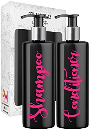 Print Maniacs 2 Set Mrs Hinch Inspired Black Personalised Dispenser Pump Bottles Shampoo Conditioner (Pink)