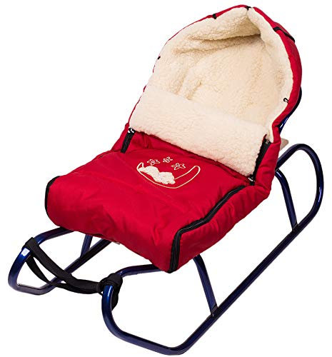 Holzschlitten Kinderschlitten aus Buchenholz Rückenlehne inkl. Zugseil + Winterfußsack Schlittensack 40 x 90 cm Fußsack Schlitten Kinderwagen (Rot)