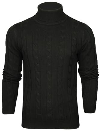 Xact Men's Roll Neck Cable Knit Jumper – Fold-Over Polo Neck Pullover Sweater, Mid-Weight Textured Knit for Smart or Casual Autumn & Winter Layering – UK Brand (Black) L