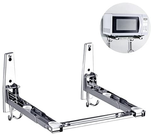 EsLuker.ly 2Pcs Universal Stainless Steel Microwave Oven Wall Mount Bracket with Removable Hooks, Arm Adjustable Foldable Kitchen Stretch Oven Stand Shelf Rack Load 100 lb