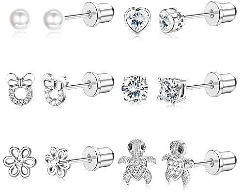 MILACOLATO 6Paia Orecchini Bambina Acciaio Chirurgico Orecchini Anallergici Donna Ragazze CZ Cuore Fiore Orecchini a Bottone Set Piercing Trago Cartilagine Gioielli bianco