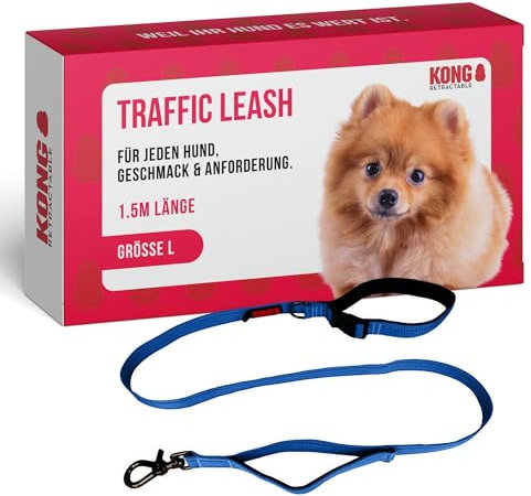 KONG Hundeleine in 1,5m Länge I Für große Hunde bis 50kg I Größe L I verkehrssichere Leine Hund in blau I Führleine reflektierend mit 2 gepolsterten Handschlaufen & robusten Karabinerhaken