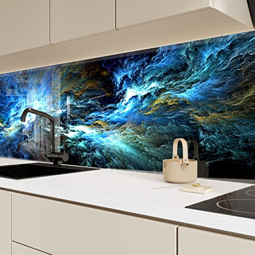 Myphotostation Blue Abstract Tempered Glass Backsplash 70WX43H'' Blue Sky Splashback for Kitchen Decor Bathroom Wall Protector Stove Backsplash Panel Tile Glass Splashback Fractal