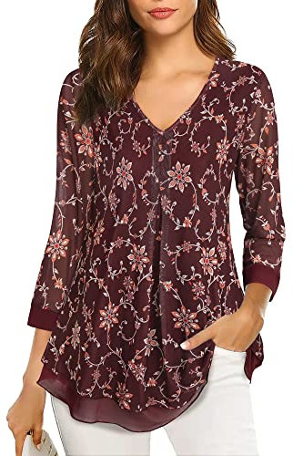 Gaharu Damenbluse Elegant Festlich 3/4 Arm Tunika Damen Lang Hochzeitsgast Bluse zum Ausgehen Abendgarderobe Hübsche Oberteile Frauen Schick Shirts Wasserfall Stufen Bluse Mit Meshärmeln Blumen