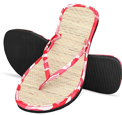 COITROZR Damen Flip Flops handgefertigte Naturstroh Sandalen Sommer Flip Flops Rutschfester Schweiß kühle Strohsandalen Geeignet für Indoor Strandgärten, etc (Color : Pink, Size : 36 EU)