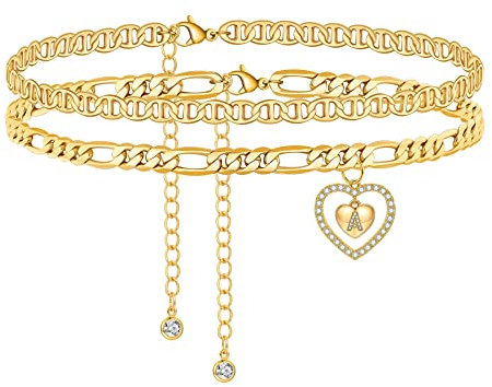 FUNEIA Fußkettchen Gold für Damen Frauen 18K Vergoldet Fußkette Wasserfest Gold mit Zirkonia Herz Buchstaben Anhänger Verstellbar Sommer Strand Fusskette Fußschmuck für Mädchen