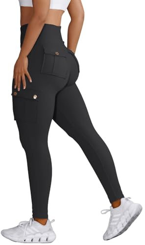 Nuofengkudu Damen Sport Cargo Leggings mit Taschen High Waist Stretch Cargohose Eng Hosen Push up Sportleggins Stretch Jeggings Gym Fitness Outdoor Workout Sporthose Y-Schwarz S