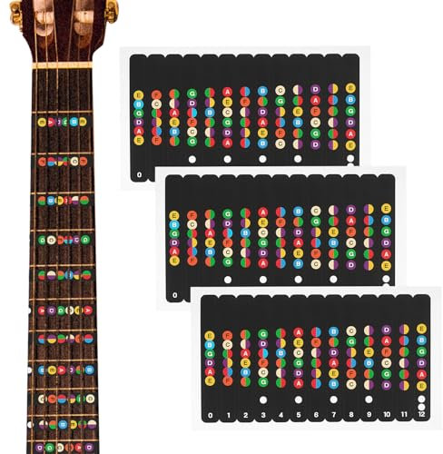 Linkidea Gitarren-Griffbrett-Aufkleber, Gitarren-Lernwerkzeuge, farbcodierte Gitarrennotenaufkleber für Akustik- und E-Gitarren (bunt), 3 Stück, (LI006378)