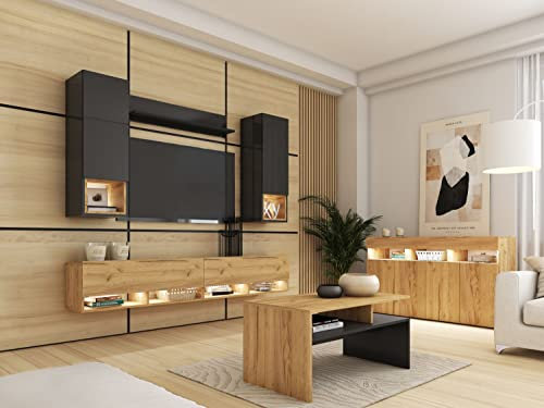 BROMARKT Premium Wohnwand Wohnzimmer Set 7 Teile – Wohnzimmer Schrank - Wohnzimmer Möbel mit Kommode Couchtisch und TV Schrank - Wohnzimmerschrank Komplett Möbel - Eiche Craft und Hochglanz Schwarz