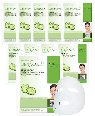 DERMAL Gurken Kollagen-Essenz Gesichtsmaske, 10 Stück – feuchtigkeitsspendend, lindernd und beruhigend bei Rötungen – Pflege bei Sonnenbrand und nach dem Sonnenbad