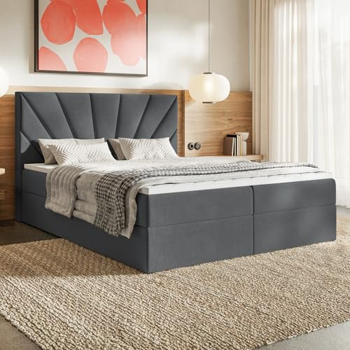 MOTIVENA Aspen Boxspringbett 120x200 mit Bettkasten und Topper, Polsterbett 120x200 mit Bettkasten, Taschenfederkern-Matratze (H3), T28 Komfortschaumstoff Topper (H3), Samt, Grau (Anthrazit)