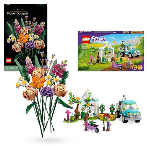 Bundle of LEGO 10280 Icons Blumenstrauß, Künstliche Blumen, Set für Erwachsene, Home Deko + LEGO 41707 Friends Baumpflanzungsfahrzeug, Blumengarten-Spielzeug mit Spielzeugauto und Tierfiguren