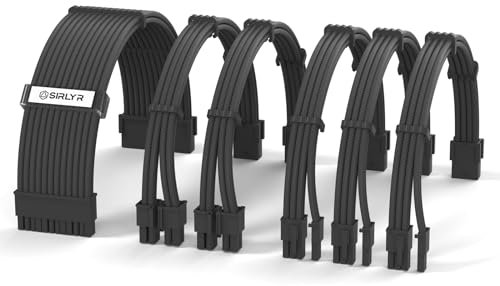 Sirlyr PSU Cable Extension,Easy Management PSU Cables for PC Power Supply - 1x24Pin ATX / 2x8 (4+4) Pin EPS / 3x8 (6+2) Gold- Plated Pin GPU,Nylon Sleeved Full Black,6 Kits