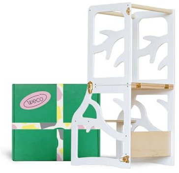Weco Montessori Kinder Lernturm 2 in 1 Baum Design Tritthocker FSC Zertifikat Schreibtisch Montessori Möbel Küchenhelfer klappbar Stylisch Lernturm (Weiß)