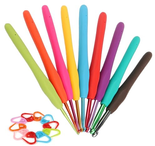 Coopay Aluminium Crochet Hooks Set, 9PCS Ergonomic Soft Grip Handles for Arthritic Hands, Beginner's Set with Stitch Markers, 2.0mm-6.0mm UK Size
