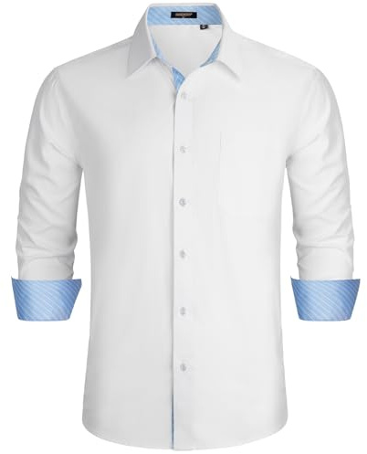 HISDERN Men's White Long Sleeve Shirt: Formal & Casual Business Button Slim Shirt - 3XL