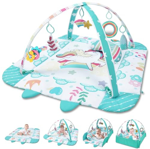 TFDER Baby Spieldecke mit Spielbogen,Multifunktionsspielbogen für Neugeborene mit 7 abnehmbaren sensorischen Spielzeugen,Krabbeldecken für Babys und Kinder ab 0+ Monaten (Weiß und Grün)