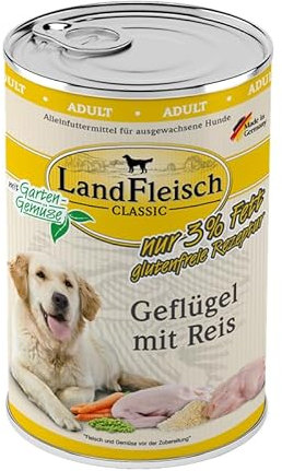 Landfleisch Classic Hundefutter 6 x 400g | Geflügel mit Reis | Mit hochwertigem Fleisch, Rapsöl (Omega-3 & 6), ohne Gluten, Zucker, GVO & Soja | Nassfutter für Hunde