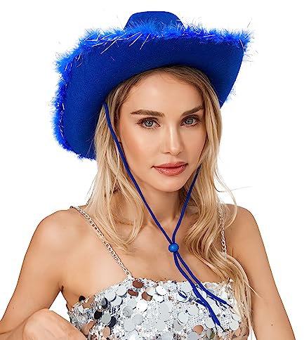 Eghunooye Pinker Cowboyhut mit Feder, flauschige Cowgirl-Hüte für Damen, für Halloween, Weihnachten, Kostüm-Requisiten (18, Einheitsgröße)
