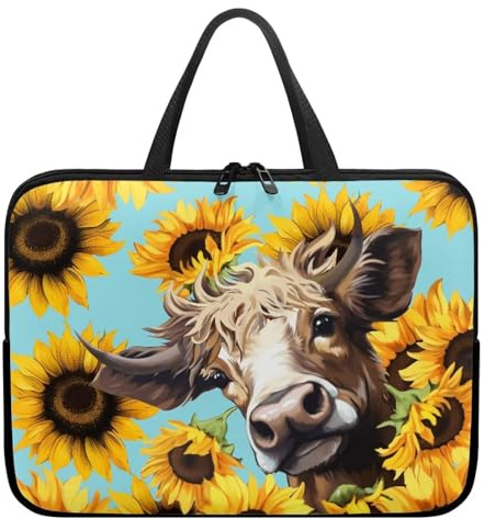 Poceacles Lustige Laptoptasche mit Kuh-Sonnenblumen-Druck, mit Griff, 25,4-43,2 cm (10-17 Zoll), Laptoptasche für Damen und Herren, tragbare Laptop-Handtasche, wasserdicht, Laptop-Schutzaktentasche