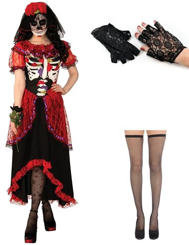 Costume de mariée squelette Jour des morts pour femme, robe + voile de rose + gants en dentelle + bas résille fête mexicaine sucre Halloween déguisement (M)